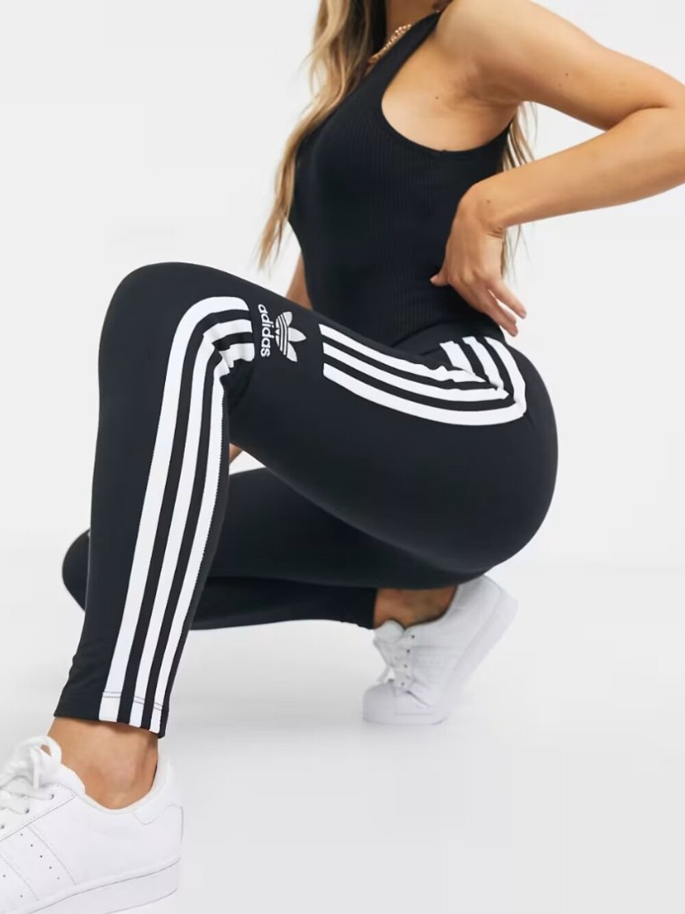 Adidas Originals Black & White Trefoil Logo White Side Stripe Tights Leggings